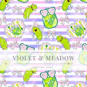 May include: A whimsical pattern featuring cartoon pickles with heart-shaped sunglasses and bows, set against a striped background of white, purple, and pink. The text "VIOLET & MEADOW DESIGN SHOP" is displayed.