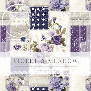 Op de afbeelding: Een patchwork ontwerp met vierkanten van verschillende patronen en texturen. Het bevat bloemelementen in paarse en blauwe tinten, met de tekst "VIOLET & MEADOW DESIGN SHOP" in het midden.