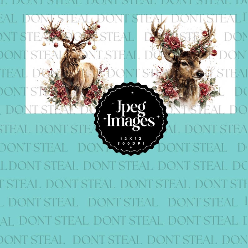 Christmas Deer Clipart Set, Watercolor Reindeer JPEG Bundle, Elegant ...