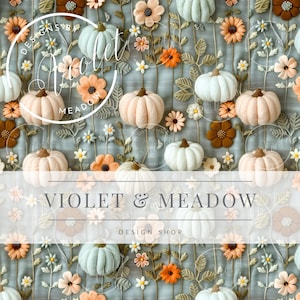 May include: A repeating pattern featuring pumpkins, flowers, and foliage in shades of peach, white, orange, and brown. The text "VIOLET & MEADOW DESIGN SHOP" is displayed across the image.