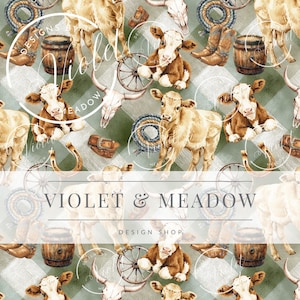 May include: A repeating pattern featuring watercolor illustrations of calves, cowboy boots, wagon wheels, and rope on a green and white checkered background. The text "VIOLET & MEADOW DESIGN SHOP" is displayed across the bottom of the image.