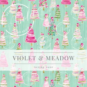 May include: A repeating pattern of watercolor cakes in shades of pink, green, and white on a teal background. The cakes are decorated with flowers and sit on gold stands. The text "VIOLET & MEADOW DESIGN SHOP" is displayed across the bottom.