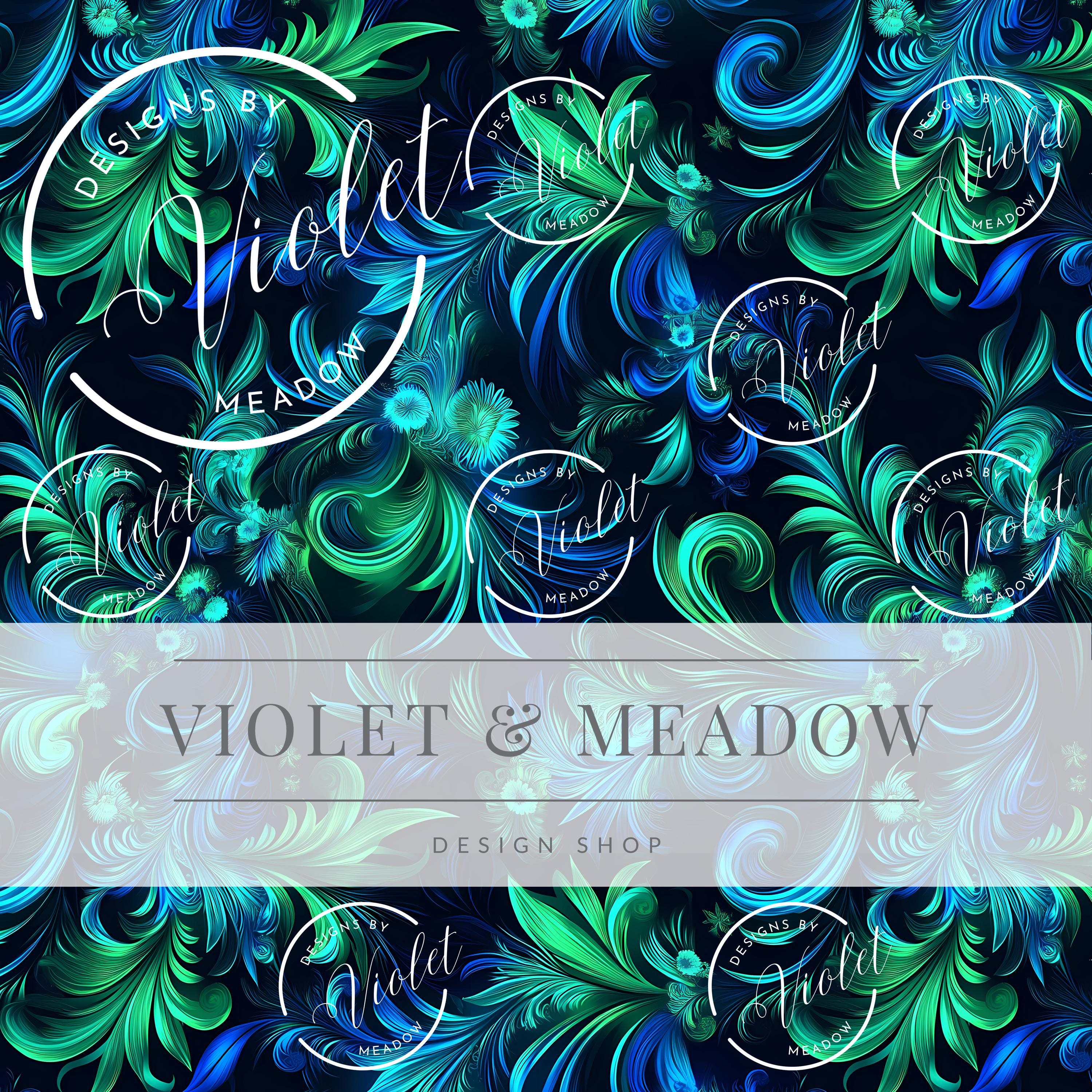 Seamless Abstract Floral Pattern | Neon Blue and Green Swirls | JPEG Digital Paper for Sublimation, Fabric, Backgrounds