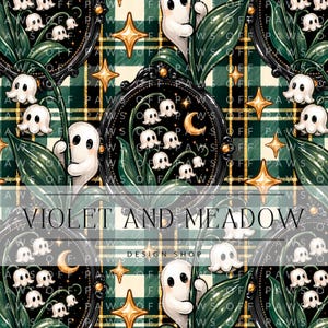 Könnte beinhalten: Ein sich wiederholendes Muster mit weißen Geistern und Maiglöckchen in schwarzen ovalen Rahmen vor einem grün-weißen Karohintergrund mit goldenen Sternen und Monden. Der Text VIOLET AND MEADOW DESIGN SHOP ist mittig platziert.