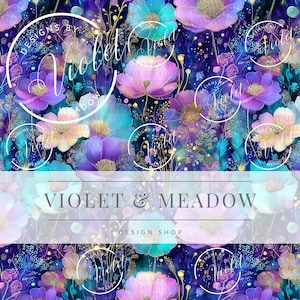 Puede incluir: Un diseño floral con flores de acuarela en tonos morados, turquesas y dorados sobre un fondo azul oscuro. El texto "VIOLET & MEADOW DESIGN SHOP" se muestra en el centro de la imagen.