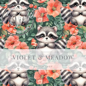 Mapache floral / Patrón sin costuras / Descarga instantánea / Papel digital imprimible / Diseño de superficie / Sublimación / Patrón repetido / Paquete