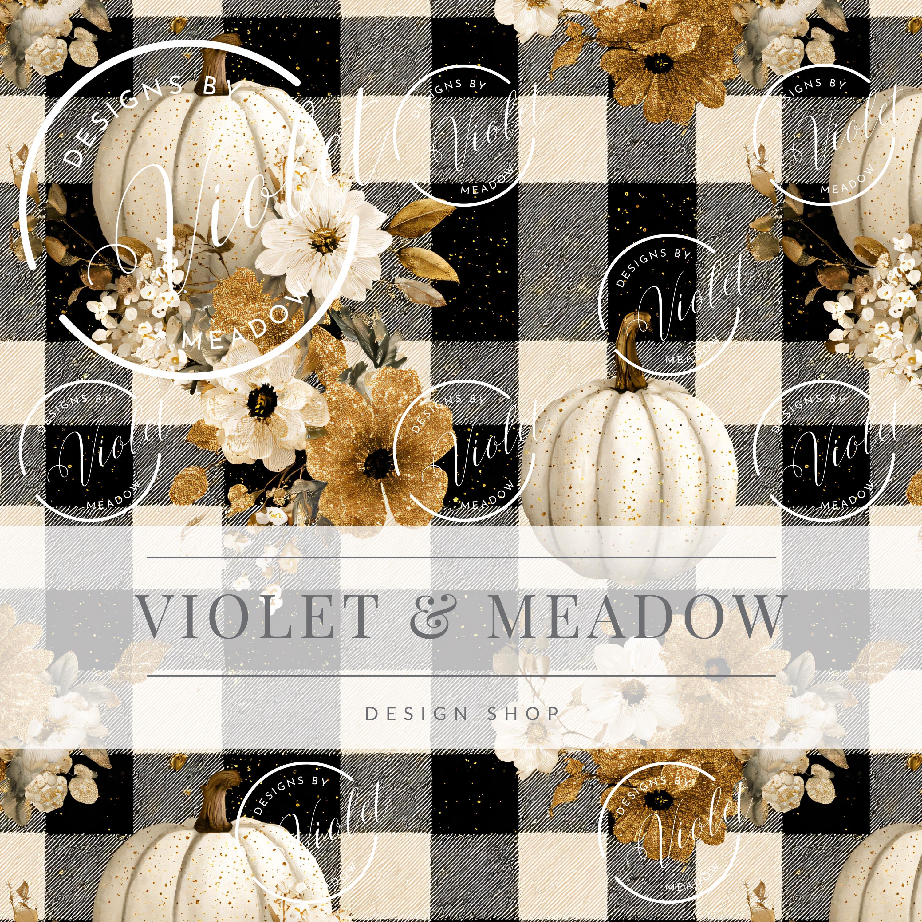 Seamless Golden Floral Pumpkin Gingham Fabric Autumn Plaid Pumpkin Gold ...
