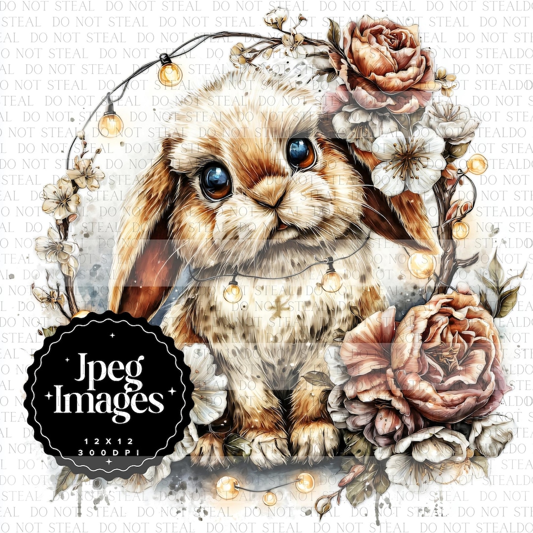 12 JPEG Floral Bunny Clipart: Whimsical Easter Rabbit With Lights ...