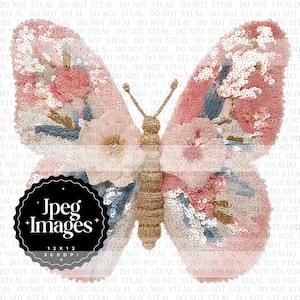 May include: A decorative butterfly with pink, white, and gold embellishments. The butterfly's wings are covered in sequins and embroidered with floral details. The body is gold, and the antennae are thin gold wires. The image includes the text "Jpeg Images 12 x 12 300 DPI".