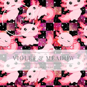 May include: A pink axolotl with a black and pink checkered background. The axolotl is smiling and has large, black eyes. The background is filled with pink and white stars.