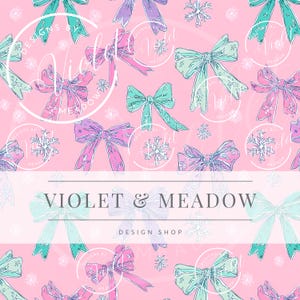 May include: A pink background with a repeating pattern of pastel bows and snowflakes. The bows are in shades of pink, purple, and teal. The text "VIOLET & MEADOW DESIGN SHOP" is displayed.