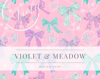 May include: A pink background with a repeating pattern of pastel bows and snowflakes. The bows are in shades of pink, purple, and teal. The text "VIOLET & MEADOW DESIGN SHOP" is displayed.