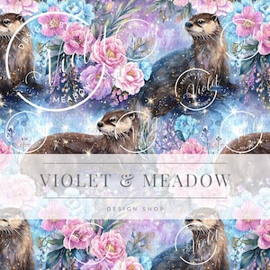 May include: A digital design featuring otters, pink and blue flowers, and the text "VIOLET & MEADOW DESIGN SHOP". The otters have brown fur and are surrounded by a floral arrangement with a watercolor effect.