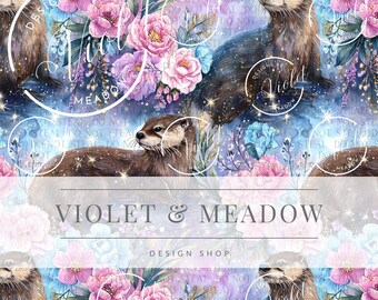 Otter Muster | Waldotter mit Blumenaquarell | Cottagecore Tier Digitales Papier | Fantasie-Hintergrund
