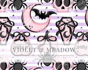 Padrão sem costura Coquette Halloween | Outono, Fantasma, Caixão fofo, Esqueleto, Morcegos, Garota assustadora, Halloween, Sem costura, Padrão repetitivo