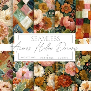 May include: A digital collection of 10 seamless patterns titled Acorns Hollow Dreams, featuring floral and botanical illustrations in warm autumn tones of orange, cream, and deep green, with a 3600x3600 resolution at 300 DPI for each design.