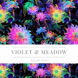 May include: A vibrant floral pattern with neon pink, yellow, green, and blue flowers on a black background. The text "VIOLET & MEADOW DESIGN SHOP" is displayed in a white banner.