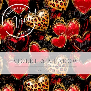May include: A seamless pattern featuring red and gold hearts with a leopard print design. The background is black with gold and red paint splatters. The text "Designs by Violet Meadow" appears multiple times throughout the pattern.