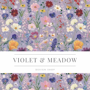 Puede incluir: Un fondo morado con un patrón floral que presenta una variedad de flores en tonos de rosa, blanco, amarillo, azul y rojo. El texto "VIOLET & MEADOW DESIGN SHOP" está centrado en una pancarta blanca.