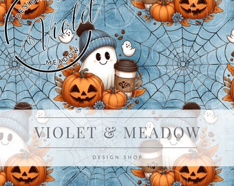 Cute Ghost, Pumpkins, Spiderwebs, boyish, coffee seamless | Printable Digital Paper | Halloween | Sublimation | Repeating Pattern | Seamless