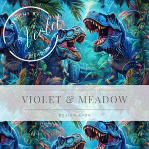 Op de afbeelding: Digitale illustratie van blauwe Tyrannosaurus Rex-dinosaurussen met open monden, tegen een weelderige tropische jungle achtergrond. De tekst "VIOLET & MEADOW DESIGN SHOP" is inbegrepen.