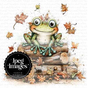 Könnte beinhalten: Eine Illustration einer lächelnden grünen Froschfigur mit großen Augen, die auf Holzstämmen sitzt. Herbstblätter sind um den Frosch herum verstreut. Der Text "Jpeg Images 12 x 12 300 DPI" ist enthalten.