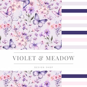 Könnte beinhalten: Ein nahtloses Muster mit Aquarell-Illustrationen von lila und rosa Blüten, grünen Blättern und zarten Schmetterlingen auf einem helllila Hintergrund. Der Text "VIOLET & MEADOW DESIGN SHOP" wird in einem weißen Banner angezeigt.