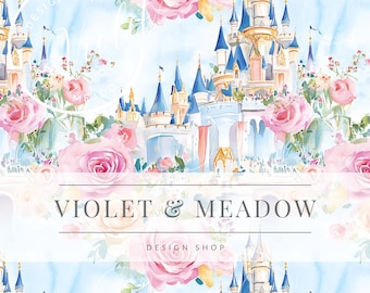 Castle Seamless Pattern | Floral Flower Seamless Repeat Pattern| Backgrounds | Printable Digital Paper| Decorative Flowers