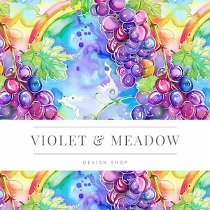 Fancy Shabby Chic Grapes and Rainbows Seamless Pattern, Surface Design, Watercolor Grapes, Watercolor Fruit