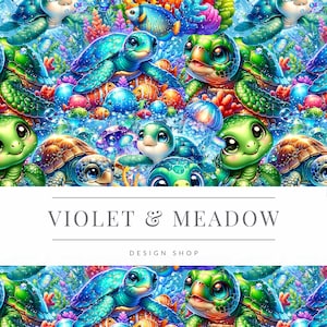 May include: A colourful seamless pattern featuring cartoon turtles with bright green, blue, and brown shells. The turtles are swimming in a blue ocean with coral reefs, fish, and bubbles. The text "VIOLET & MEADOW DESIGN SHOP" is displayed in the centre of the image.