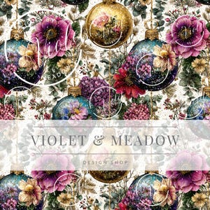 May include: A repeating pattern featuring Christmas ornaments with floral arrangements. The ornaments are gold, teal, and blue, adorned with purple, pink, and yellow flowers. The text "VIOLET & MEADOW DESIGN SHOP" is displayed.