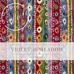 May include: A colorful textile design featuring vertical stripes in shades of red, blue, green, and yellow. The pattern includes stylized oval and diamond shapes. The text "VIOLET & MEADOW DESIGN SHOP" is displayed across the center.