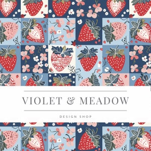 May include: A patchwork design featuring red strawberries, green leaves, and floral patterns on blue and white squares. The image includes the text "VIOLET & MEADOW DESIGN SHOP". The overall aesthetic is a charming, repeating pattern.