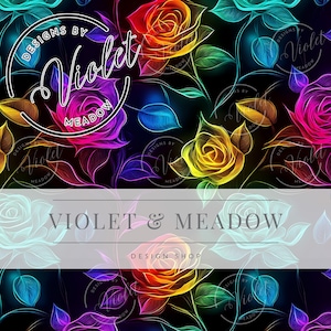 May include: A seamless pattern featuring colorful rainbow roses on a black background. The roses are outlined in a thin, white line and have a glowing effect. The text "Designs by Violet Meadow" appears in a circle in the top left corner of the image.