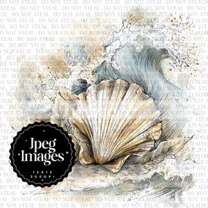 Può includere: Illustrazione ad acquerello con una grande conchiglia dai dettagli intricati, sullo sfondo di onde oceaniche. L'opera d'arte ha una palette di colori tenui e smorzati con sfumature di beige, blu e marrone. L'immagine include il testo "Jpeg Images 12 x 12 300 DPI".
