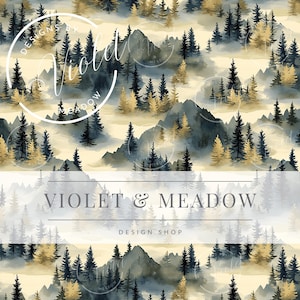 Peut inclure: Motif de forêt à l'aquarelle avec des montagnes, des conifères et une atmosphère brumeuse. La palette de couleurs comprend des nuances de bleu, d'or et de vert. Le texte "VIOLET & MEADOW DESIGN SHOP" est affiché.