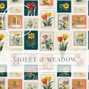 May include: A repeating pattern of vintage postage stamps featuring colorful floral illustrations. The stamps are in shades of orange, teal, and cream, with the text "VIOLET & MEADOW DESIGN SHOP".