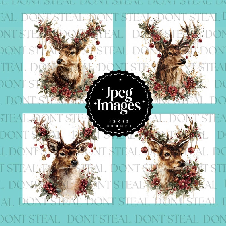 Christmas Deer Clipart Set, Watercolor Reindeer JPEG Bundle, Elegant ...