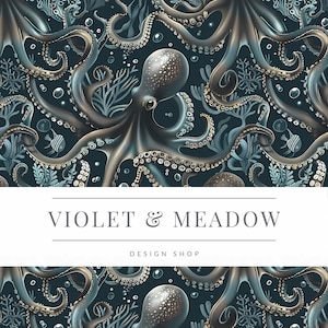 Könnte beinhalten: Nahtloses Muster mit einem sich wiederholenden Design aus silbernen und blauen Kraken mit Tentakeln, umgeben von Blasen und Algen. Der Text "VIOLET & MEADOW DESIGN SHOP" wird in der Mitte des Bildes angezeigt.
