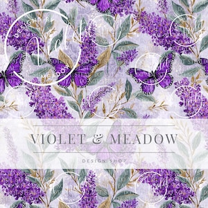 May include: A floral pattern with purple butterflies and lilac flowers on a pale purple backdrop. The text "VIOLET & MEADOW DESIGN SHOP" is displayed in a white banner across the bottom of the image.