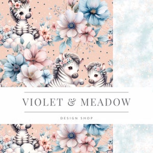 May include: A pink and blue floral pattern with two adorable zebra illustrations. The zebras are wearing flower crowns and are surrounded by pink and blue flowers. The text "VIOLET & MEADOW DESIGN SHOP" is at the bottom of the image.