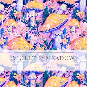 Mushroom Garden Seamless Pattern | Vibrant Mushrooms, Flowers & Butterflies | Digital File for Fabric Printing and POD