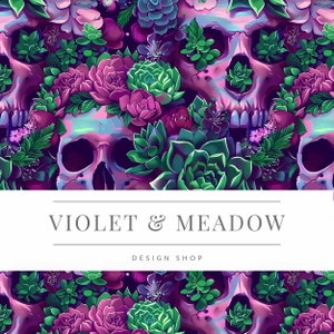 Op de afbeelding: Een levendig ontwerp met een herhalend patroon van schedels versierd met vetplanten en bloemen in paarse, roze en groene tinten. De tekst "VIOLET & MEADOW DESIGN SHOP" staat op een witte banner.