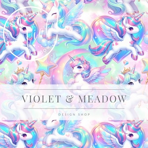 Puede incluir: Un patrón sin costuras con unicornios pastel iridiscentes con alas y halos. Los unicornios están rodeados de estrellas, corazones y lunas. El texto "VIOLET & MEADOW DESIGN SHOP" está en la parte inferior del patrón.