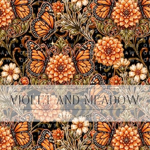 May include: A seamless pattern featuring orange monarch butterflies and orange dahlia flowers with green foliage on a black background. The text VIOLET AND MEADOW DESIGN SHOP is centered in black letters over a semi-transparent horizontal bar.