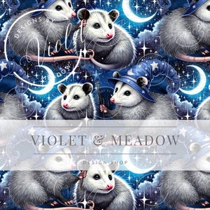 May include: A seamless pattern featuring a whimsical design of opossums wearing witch hats and holding wands against a starry night sky background. The pattern includes crescent moons and stars in shades of blue and white.