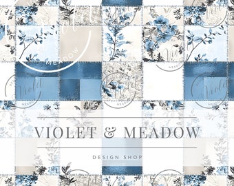 Vintage Shabby Chic fleurs bleues en patchwork, motif patchwork de courtepointe sans couture