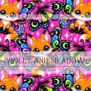 May include: A repeating pattern featuring orange foxes with large blue eyes and colourful butterfly wings in shades of pink, blue, and green against a bright pink background with white stars. The text VIOLET AND MEADOW DESIGN SHOP is centred.