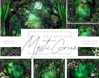 Forest Gothic Paper Pack, Green Dark Floral Backgrounds, Fantasy Forest Scrapbook Paper,  Digital Paper, Junk Journal Download