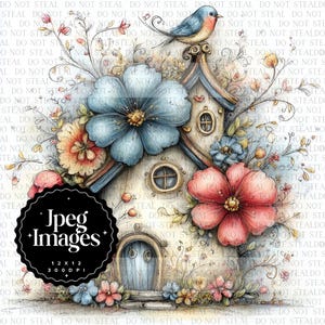 以下が含まれることがあります： 大きな青と赤の花、とまっている鳥、繊細な花のアクセントで飾られた、気まぐれな鳥小屋の水彩イラスト。鳥小屋には青いドアと丸い窓があります。画像には「Jpeg Images 12 x 12 300 DPI」というテキストが含まれています。